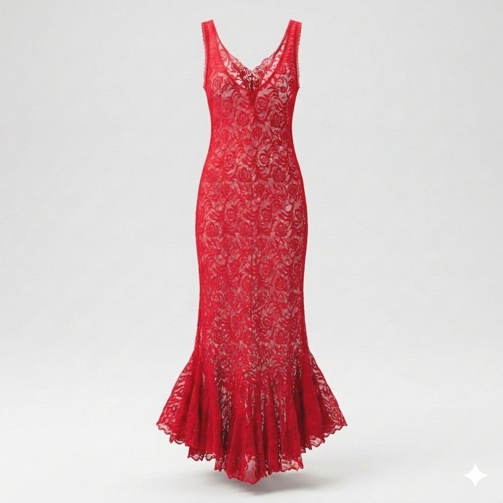 Frederick's of Hollywood Red Lace Sequin Maxi Trumpet Dress Gown L Vintage 90s